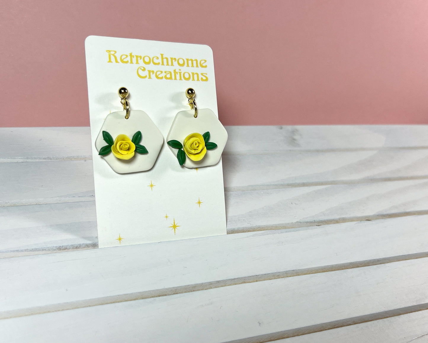 Yellow rose on white earrings | 24k gold plated