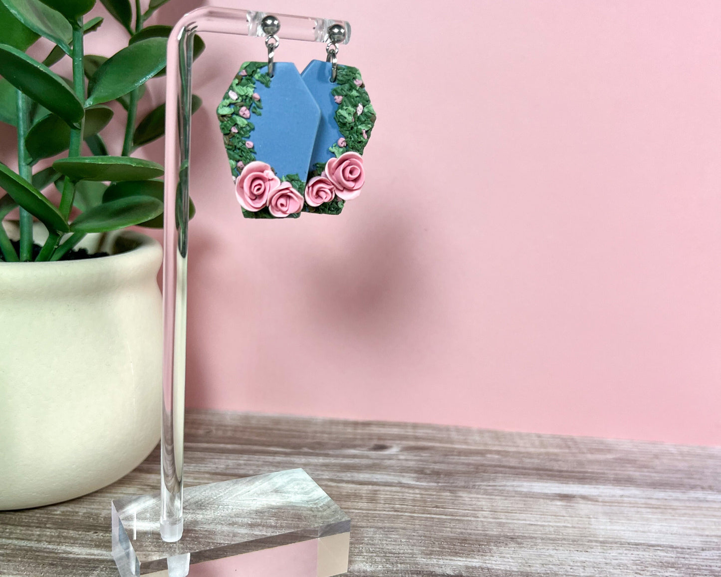 Pink rose bush coffin earrings | stainless steel