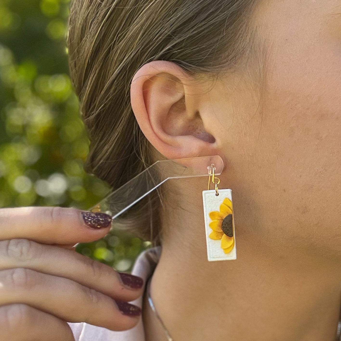 Half sunflower rectangle earrings | 18k gold plated