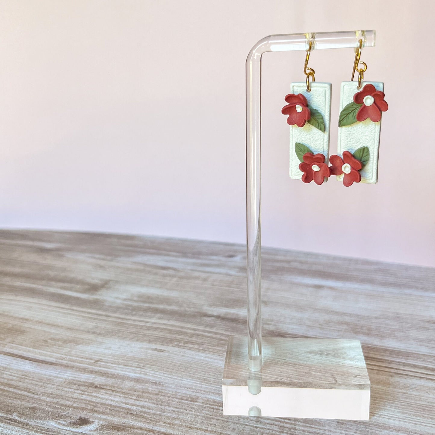 Red floral rectangle earrings | 18k gold plated