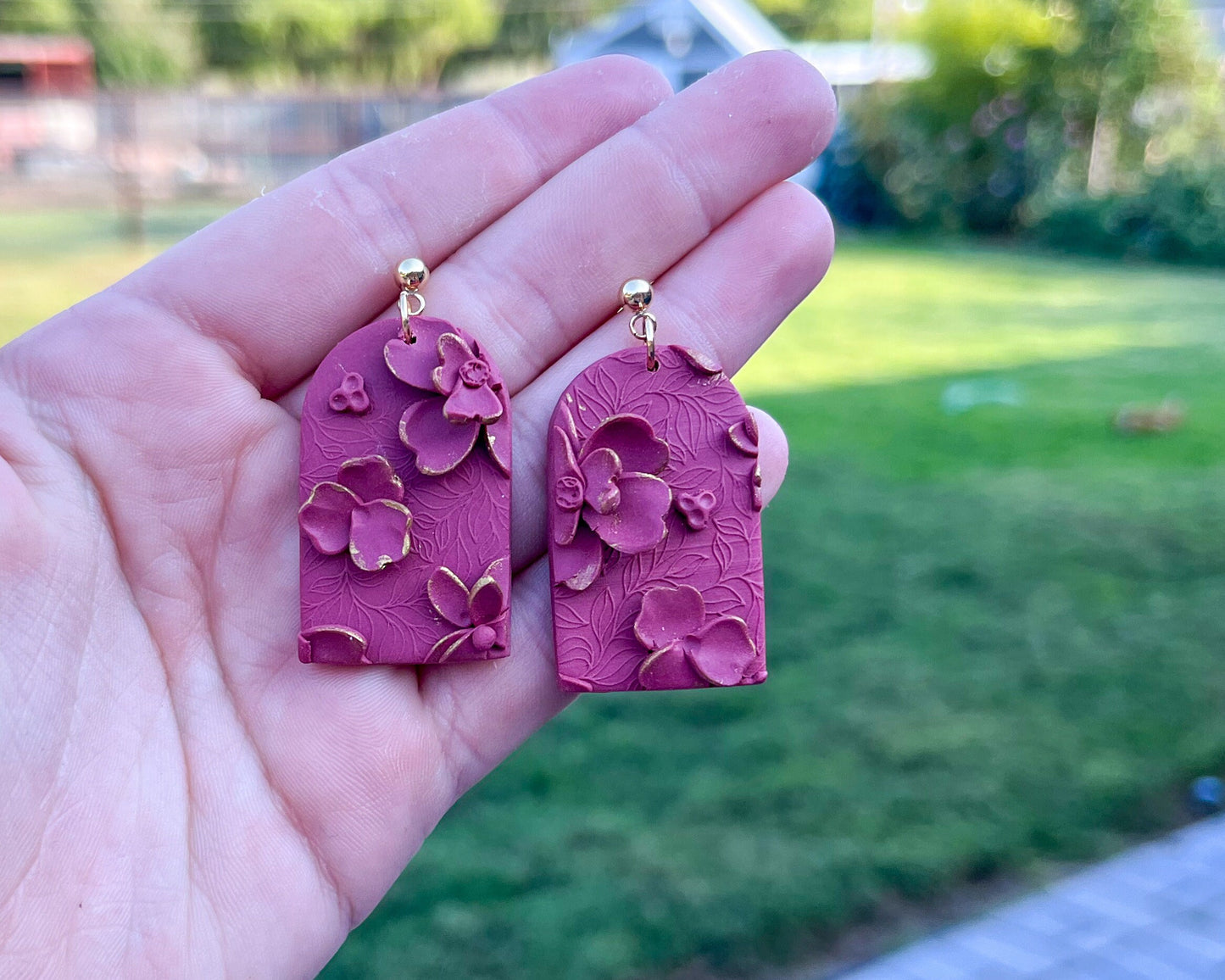 Dusty red floral arch earrings | 24k gold plated