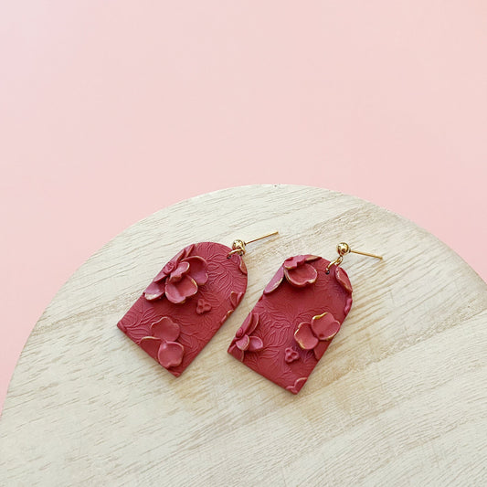 Dusty red floral arch earrings | 24k gold plated