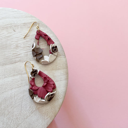 Moody floral teardrop earrings: brown, marroon, and beige | 18k gold plated