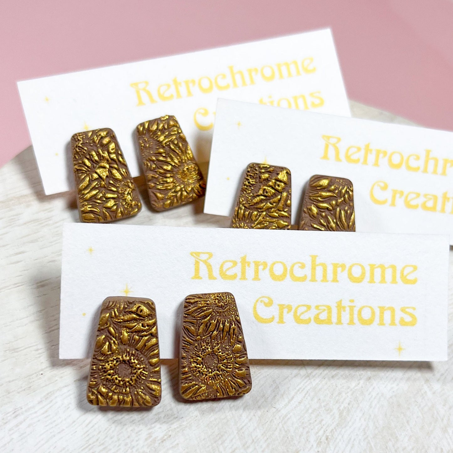 Brown and gold floral embossed studs | sterling silver