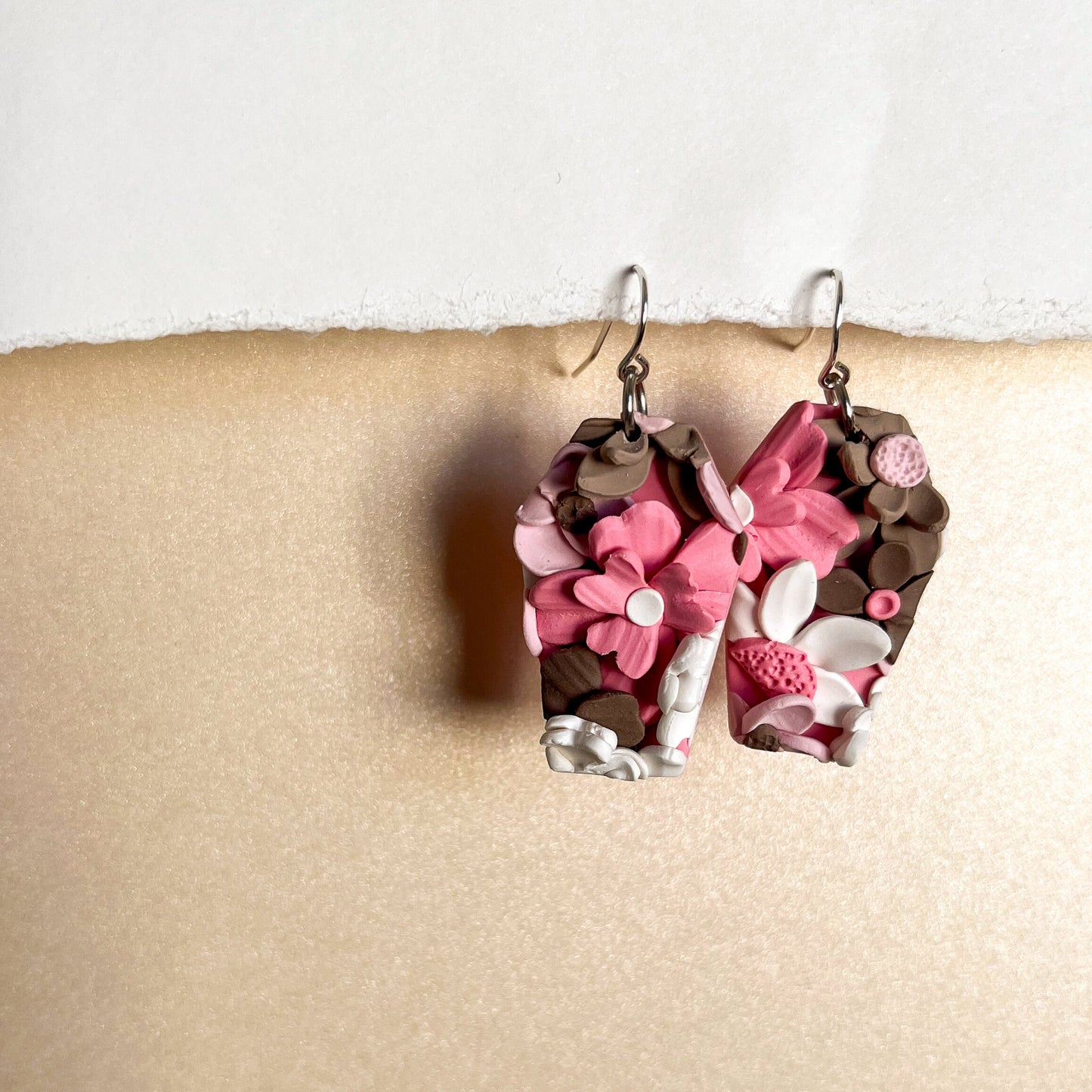 Pink and brown floral coffin earrings | sterling silver