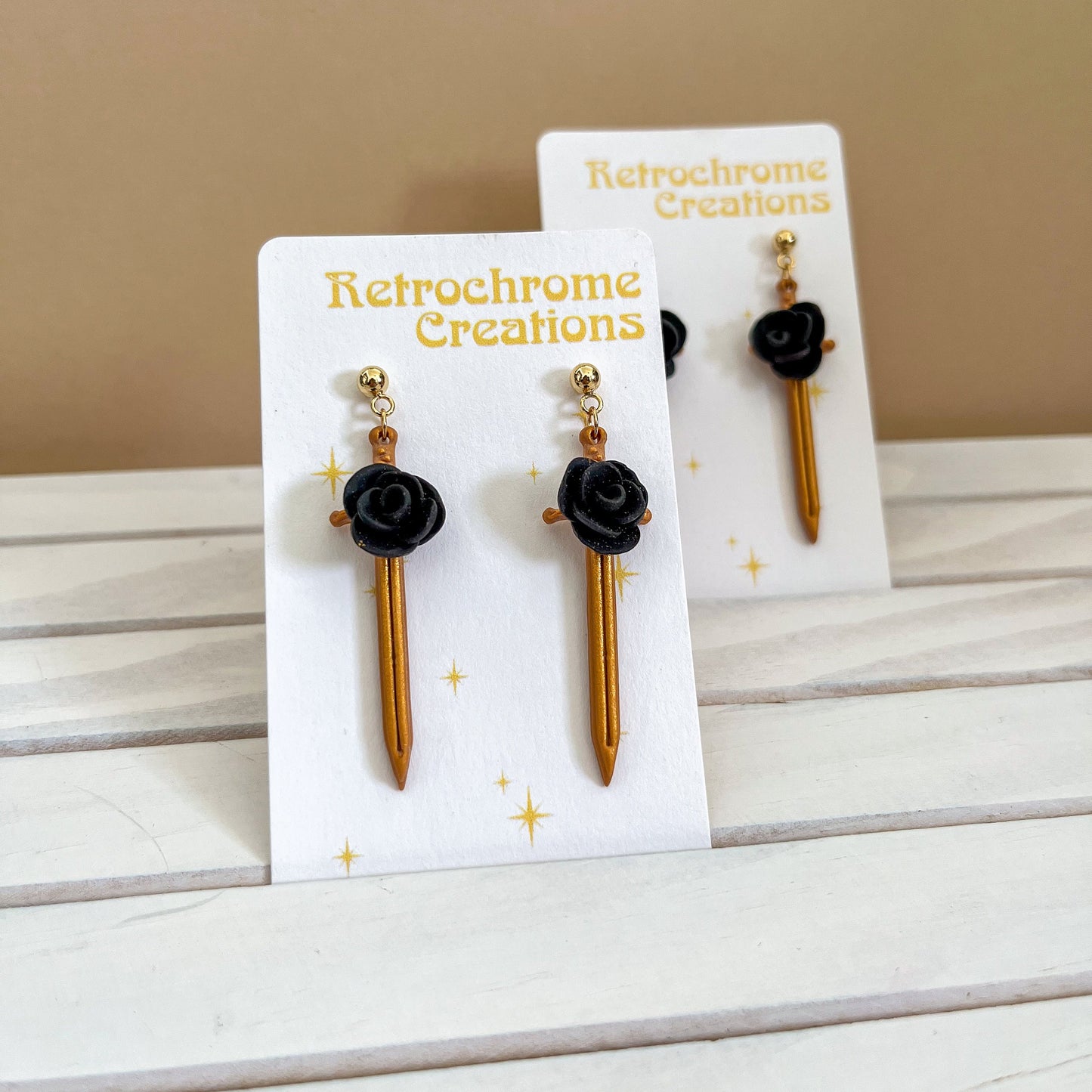 Gold swords earrings with black rose | 24k gold plated