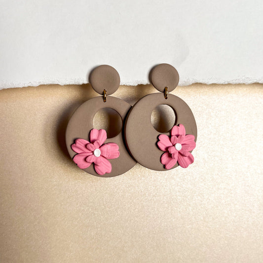 Brown donut earrings with pink flower | sterling silver