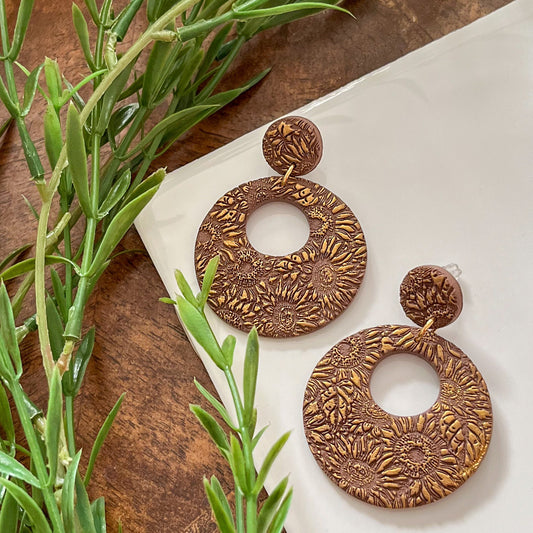 Brown and gold floral embossed donut earrings | sterling silver
