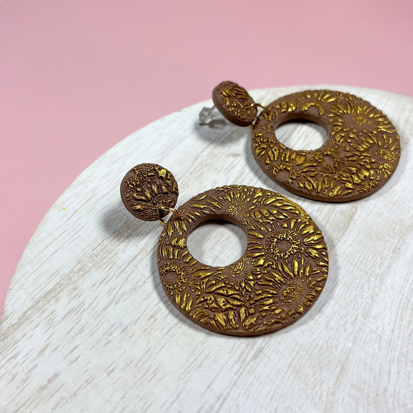 Brown and gold floral embossed donut earrings | sterling silver