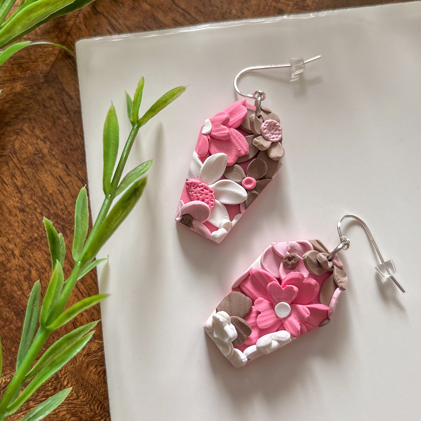 Pink and brown floral coffin earrings | sterling silver