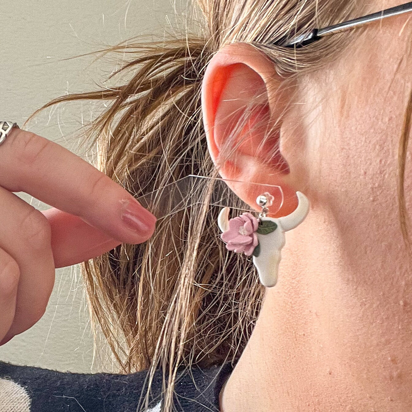 Pink floral cow skull earrings | sterling silver