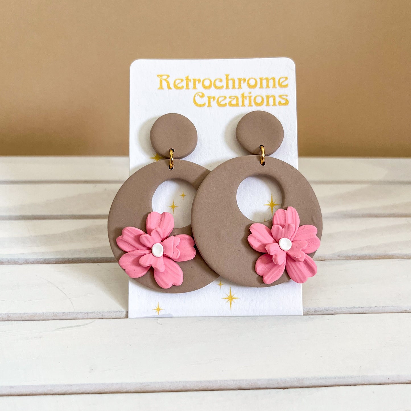 Brown donut earrings with pink flower | sterling silver