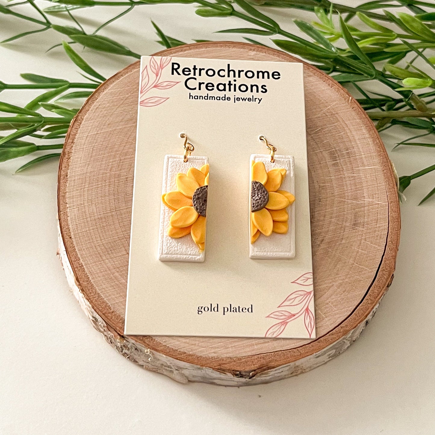 Half sunflower rectangle earrings | 18k gold plated
