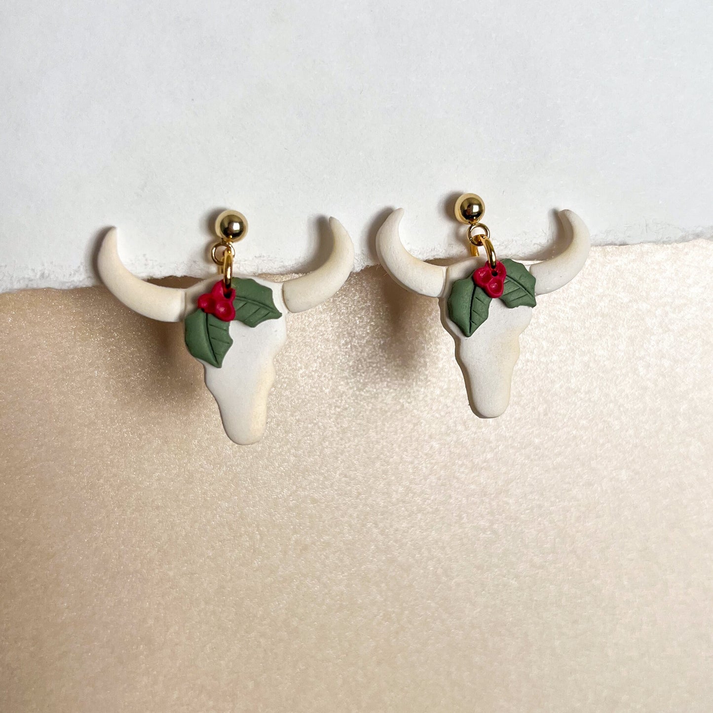 Cow skulls with holly earrings| 24k gold plated