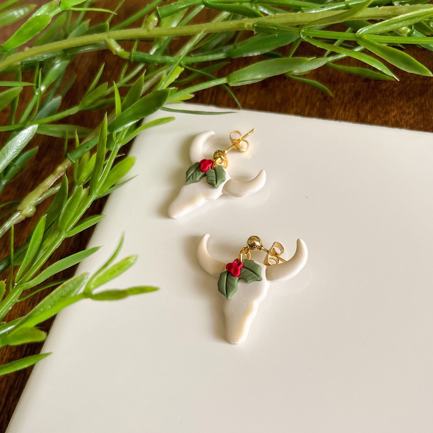 Cow skulls with holly earrings| 24k gold plated