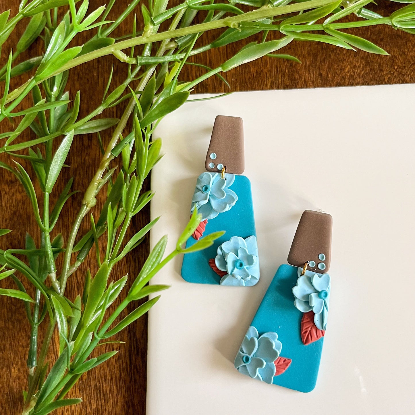 Teal and brown floral earrings | sterling silver